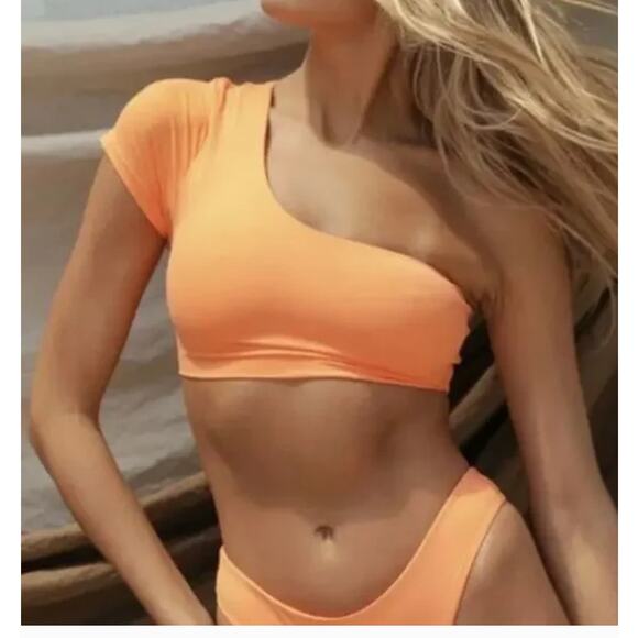 NWT Toast Signature One Shoulder Crop Bikini‎ Top, Nectarine Orange, Sz S - Picture 2 of 5